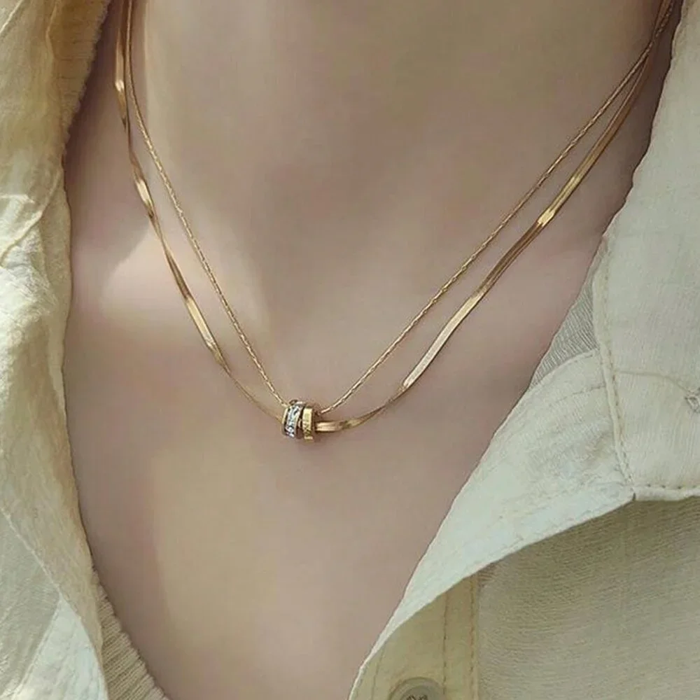 Silver Casual Women's Stainless Steel Round Cz Inlaid Double Layer Necklace